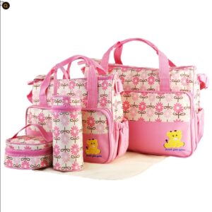 5PCS Baby Nappy Diaper Bags Set Mummy Diaper Shoulder Bags W Nappy Changing Pad Insulated Pockets Travel Tote Bags