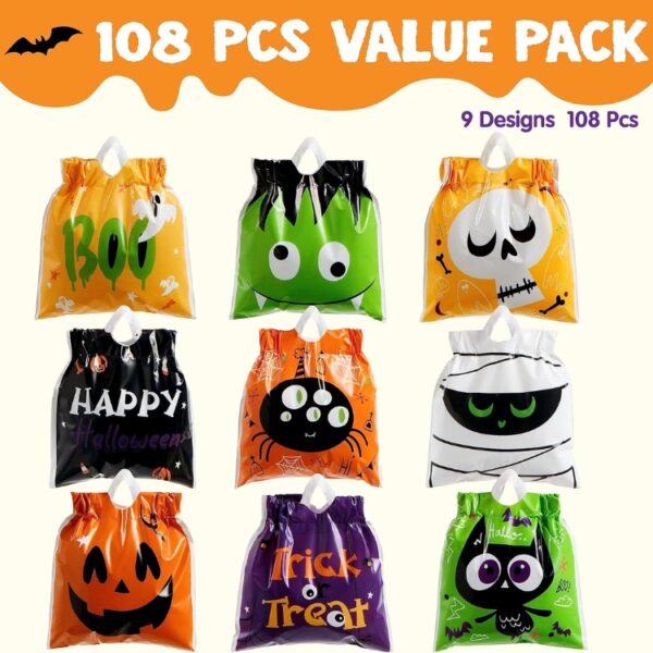 108 Pcs Halloween Drawstring Treat Bags, 9 Character Designs, Mini Candy Goodie Bags