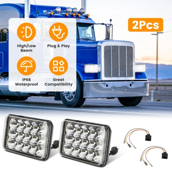9e57dfe2-e643-438e-a6ba-3ac09fb63fe1.jpg 2Pcs 4x6in Car LED Headlights Vehicle Rectangular Headlamp With H4 Socket H4-to-3Pins Adapter With High Low Beam White Light IP68 Waterproof For 10-80V SUV Truck Sedan Car Motorcycle
