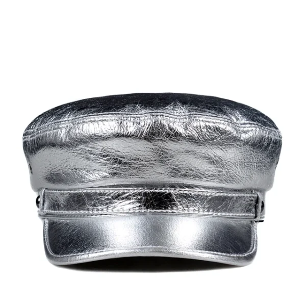 Spring  Korean Fashion Unisex Flat Top Genuine Leather Navy Hat Student Shining Golden/Silver Hip Pop Caps Women Men Streetwear