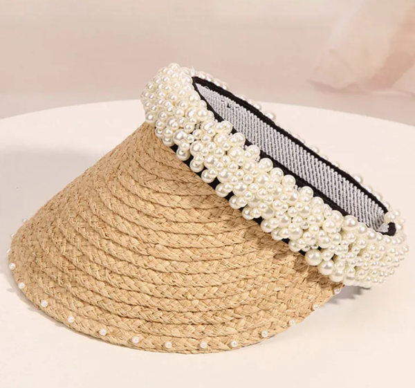 588775037 New Women Pearl Headband Hat Raffia Visor Caps For Girls Beach Hat Braided Fashion Cap Lady Summer Straw Sun Hats Wholesale