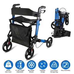 a964c602-976f-48ec-a5d5-9b473597df49.jpg 1Pc Aluminum Rollator Walker With Seat Backrest Foldable Rolling Walker With 220LBS Max Load 31-36in Adjustable Height 8in Wheels For Seniors Mobility