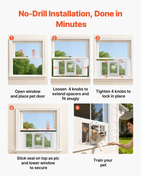 Cat Door For Window, Adjustable To Fit Window Width 27"-32", 4 Secure Lock Modes, Aluminum Frame And High-Transparency Glass, Magnetic Closure, Weatherproof Quick-Fit Pet Door For Cats, White