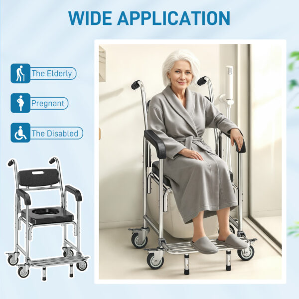 b533c944-d509-4f04-9eb4-27ad93b8c790.jpg 3-in-1 Shower Commode Wheelchair, Accessible Transport Commode Medical Rolling Chair, Black