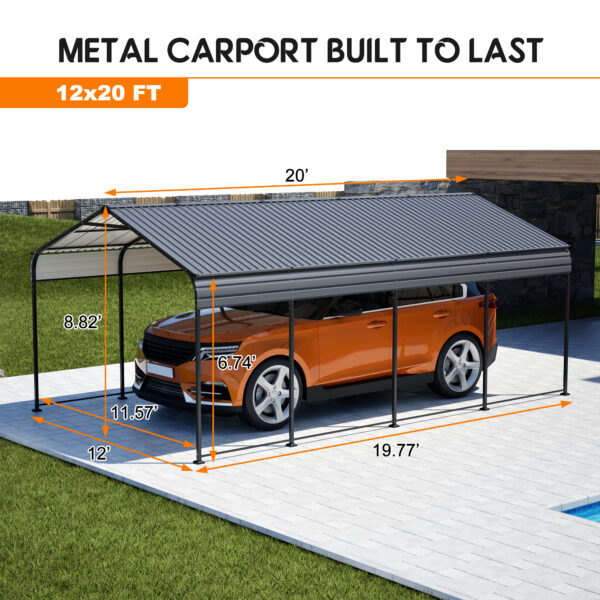 12X20 FT Metal Carport, Outdoor Car Shelter All Weather, Heavy Duty Outdoor Galvanized Car Shelter For Car Boat Truck And SUVs Black