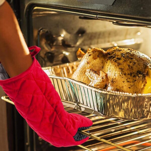 1 Pair Red Cotton Silicone Long Oven Mitts Non-Slip Heat Resistant Kitchen Gloves For Baking Cooking And Handling Hot Pots Pans