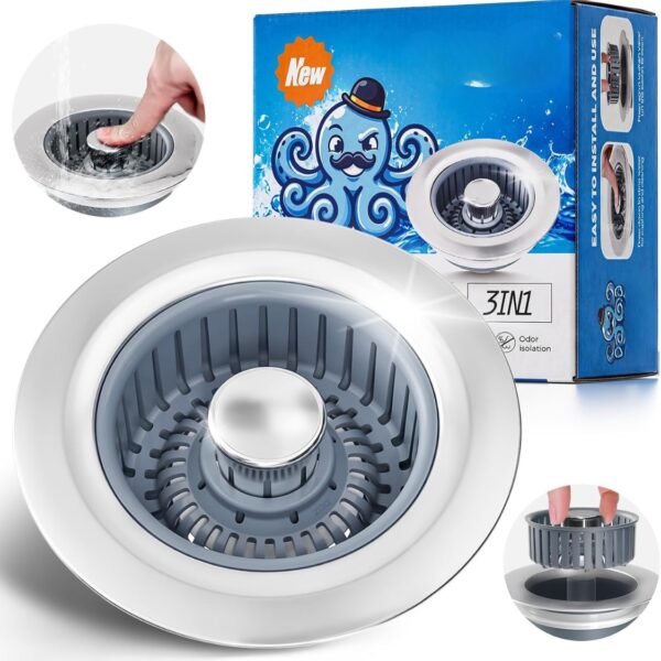 bb6f0170-ffd9-48ae-82a5-b6265e2565cd.jpg Sink Drain Strainer Sink Stopper Kitchen Drain, 3 In 1 Kitchen Sink Drain Strainer With Anti Clogging Basket Kitchen Gadgets Clearance Sink Accessories, Fit US Standard 3-1 2'' Sink Hole, Silver