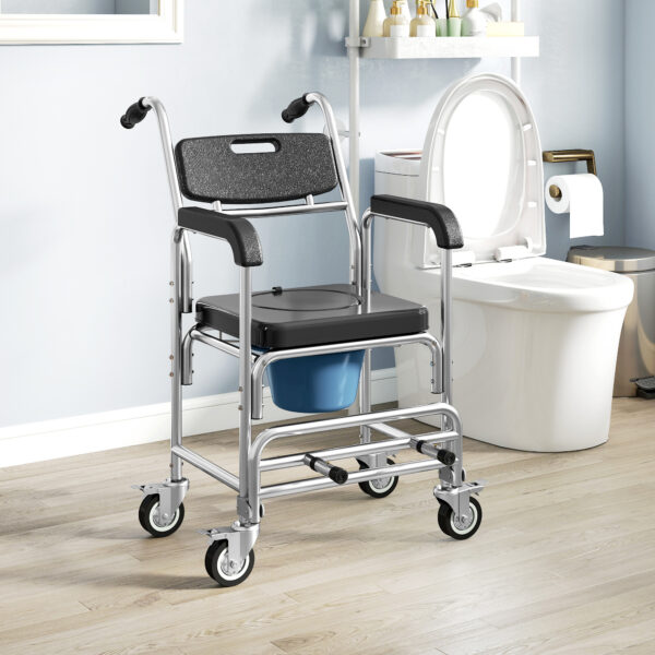 c9bcaabf-2310-40fc-943c-b2dfc56f997c.jpg 3-in-1 Shower Commode Wheelchair, Accessible Transport Commode Medical Rolling Chair, Black