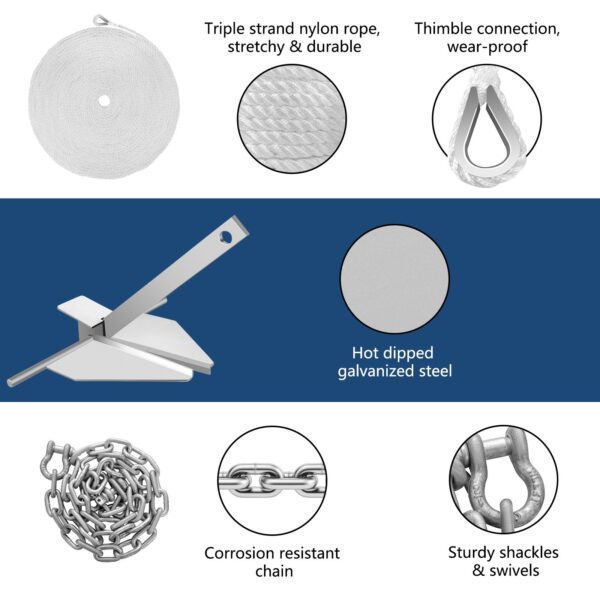 Boat Anchor Kit 13 Lb Fluke Style Anchor, Hot Dipped Galvanized Steel Fluke Anchor, Marine Anchor With Anchor, Shackles, Chain, Rope For Boat Mooring On The Beach, Boats From 20'-32'