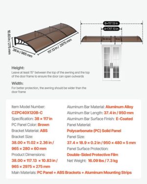 Awnings For Door Entrance, 38 X 117 In, Exterior Front Door Window Awnings With Drainage & ABS Bracket, Rain Snow Sun Protection, Overhang Polycarbonate Door Canopy For Porch Patio, Brown