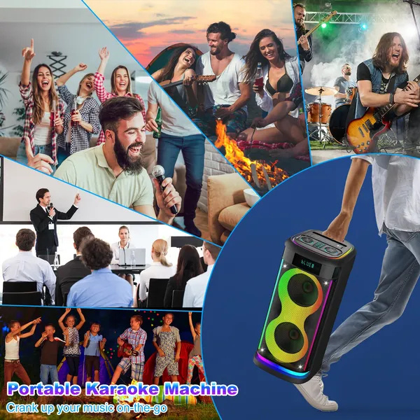 Portable Wireless Party Speaker With LED Light Wireless Mic Remote Control TWS Treble Bass Mic. Echo Music Accompany Mic. Priority Guitar In