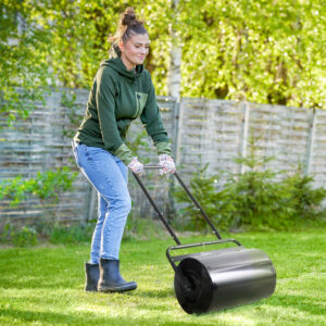 cf25f38e-7bde-467b-881b-6a29647359b5.jpg 20-Inch Push Tow Behind Lawn Roller Filled With 10 Gal Water Or Sand For Flattening Sod In The Garden, Black