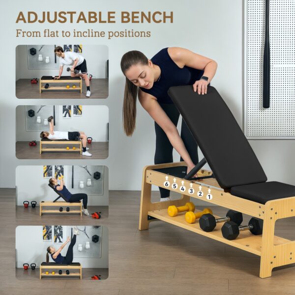 Wooden Adjustable Weight Bench with Dumbbell Rack, Flat or Incline Workout Bench for Home Gym Weight Lifting, Black