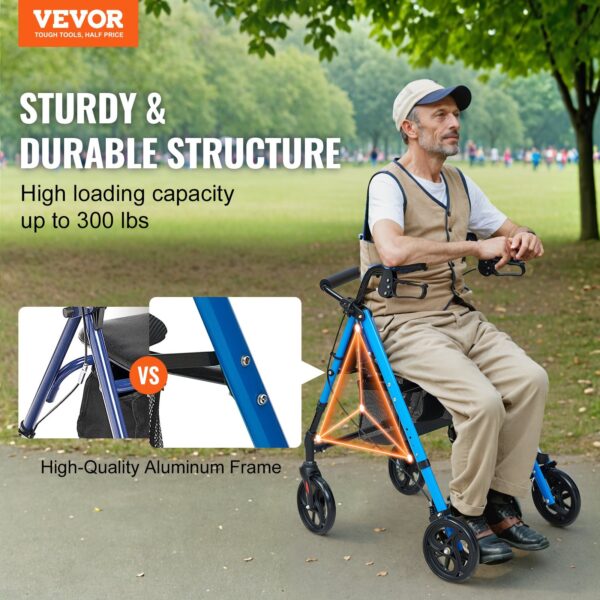 Rollator Walker For Seniors And Adult, Lightweight Aluminum Foldable Rolling Walker With Adjustable Seat And Handle, Outdoor Mobility Rollator Walker With 8" All Terrain Wheels, 300LBS Capacity