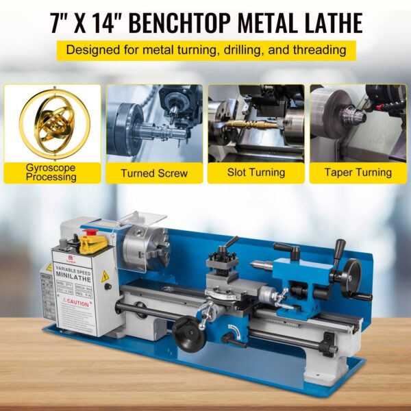 Metal Lathe 7x14inch Precision Bench Top Mini Metal Lathe 550W Precision Metal Lathe Variable Speed 50-2500 RPM Nylon Gear With A Movable Lamp