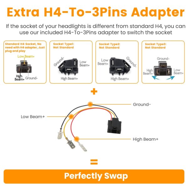 e2cb35c1-a4a4-4fc7-ae19-d5ec1744bdf7.jpg 2Pcs 4x6in Car LED Headlights Vehicle Rectangular Headlamp With H4 Socket H4-to-3Pins Adapter With High Low Beam White Light IP68 Waterproof For 10-80V SUV Truck Sedan Car Motorcycle