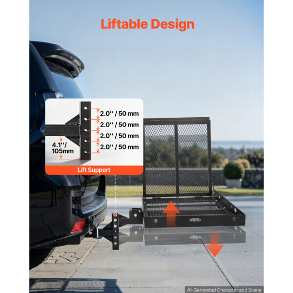 Hitch Mount Wheelchair Carrier Height Adjustable, 500LBS Steel Mobility Scooter Carrier Cargo Basket With Double-Folding Ramp & Stabilizer Kit, Fit 2" Hitch Receiver For Truck SUV Car, 50" X 28"