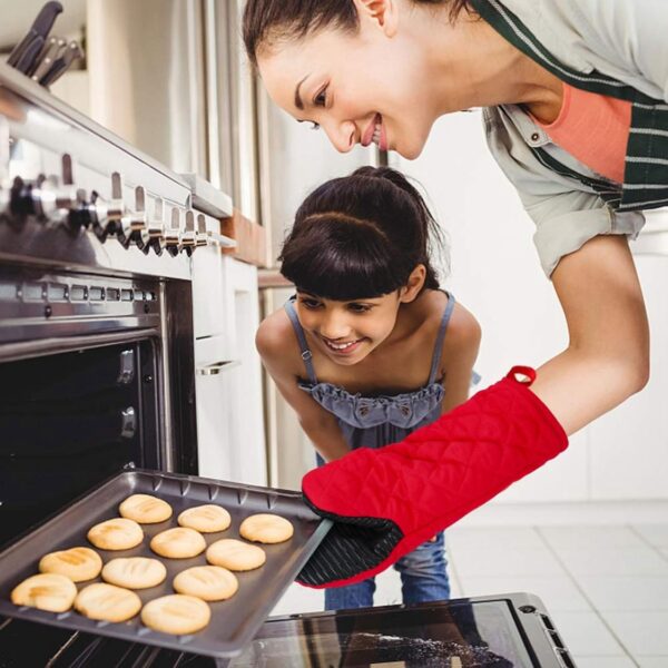 1 Pair Red Cotton Silicone Long Oven Mitts Non-Slip Heat Resistant Kitchen Gloves For Baking Cooking And Handling Hot Pots Pans