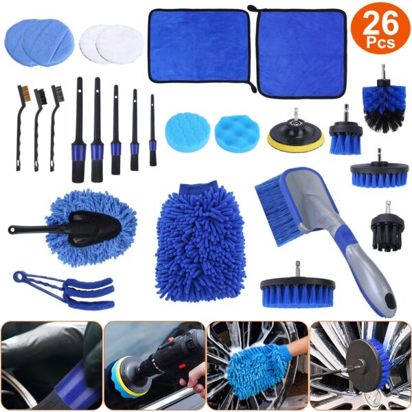 f75853ad-dff6-4a64-9dae-7424ca38185d.jpg 26Pcs Car Detailing Brush Kit Exterior Interior Car Cleaning Set Drill Brush Set Car Buffing Sponge Pads Kit For Cleaning Automobile Interior Exterior Wheels Dashboard