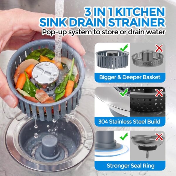 f8bd269b-6cf0-42b6-85b5-55663d544360.jpg Sink Drain Strainer Sink Stopper Kitchen Drain, 3 In 1 Kitchen Sink Drain Strainer With Anti Clogging Basket Kitchen Gadgets Clearance Sink Accessories, Fit US Standard 3-1 2'' Sink Hole, Silver