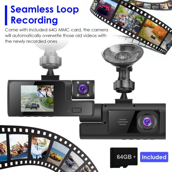 1Pc WiFi FHD 1080P Car Dash Cam 3 Channels Front Rear Inside Dash Camera With Loop Recording Reversing Visual 170 Degree Wide Angle 64G Card Included