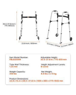 Folding Walker, 2-Button Foldable Walker With 5" Wheels & 8-Level Adjustable Height, 350LBS Loading Lightweight Aluminum Mobility Walking Aid, Front-Wheeled Rolling Walkers For Seniors Adults