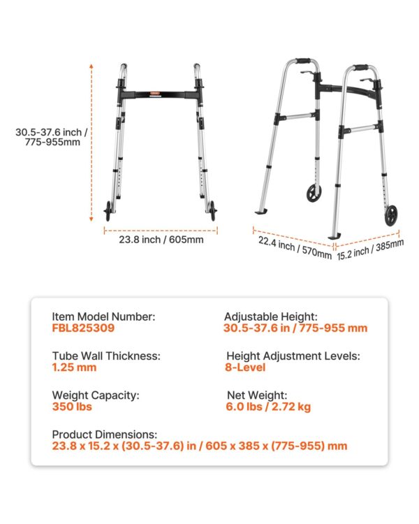 Folding Walker, 2-Button Foldable Walker With 5" Wheels & 8-Level Adjustable Height, 350LBS Loading Lightweight Aluminum Mobility Walking Aid, Front-Wheeled Rolling Walkers For Seniors Adults